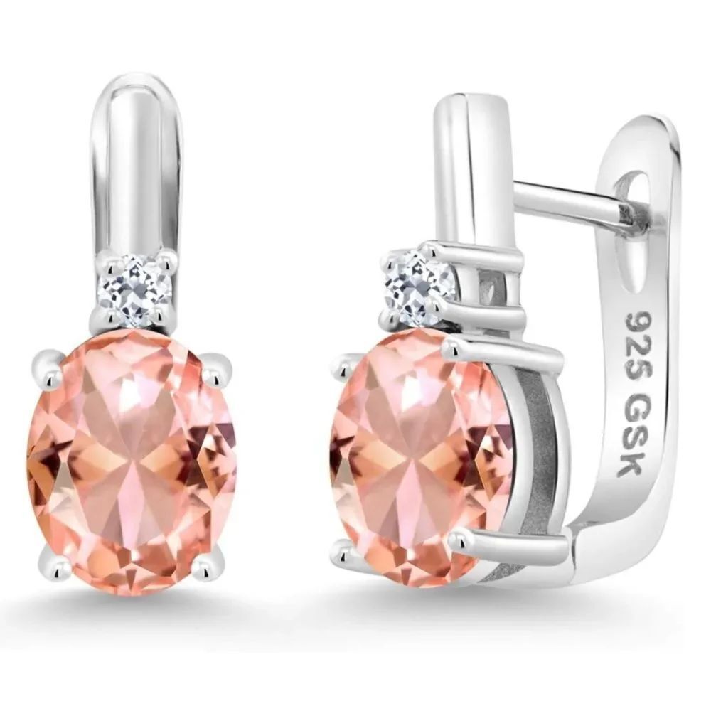 925 Sterling Silver with 4.17 Cttw Peach Morganite and White Topaz Oval Earrings